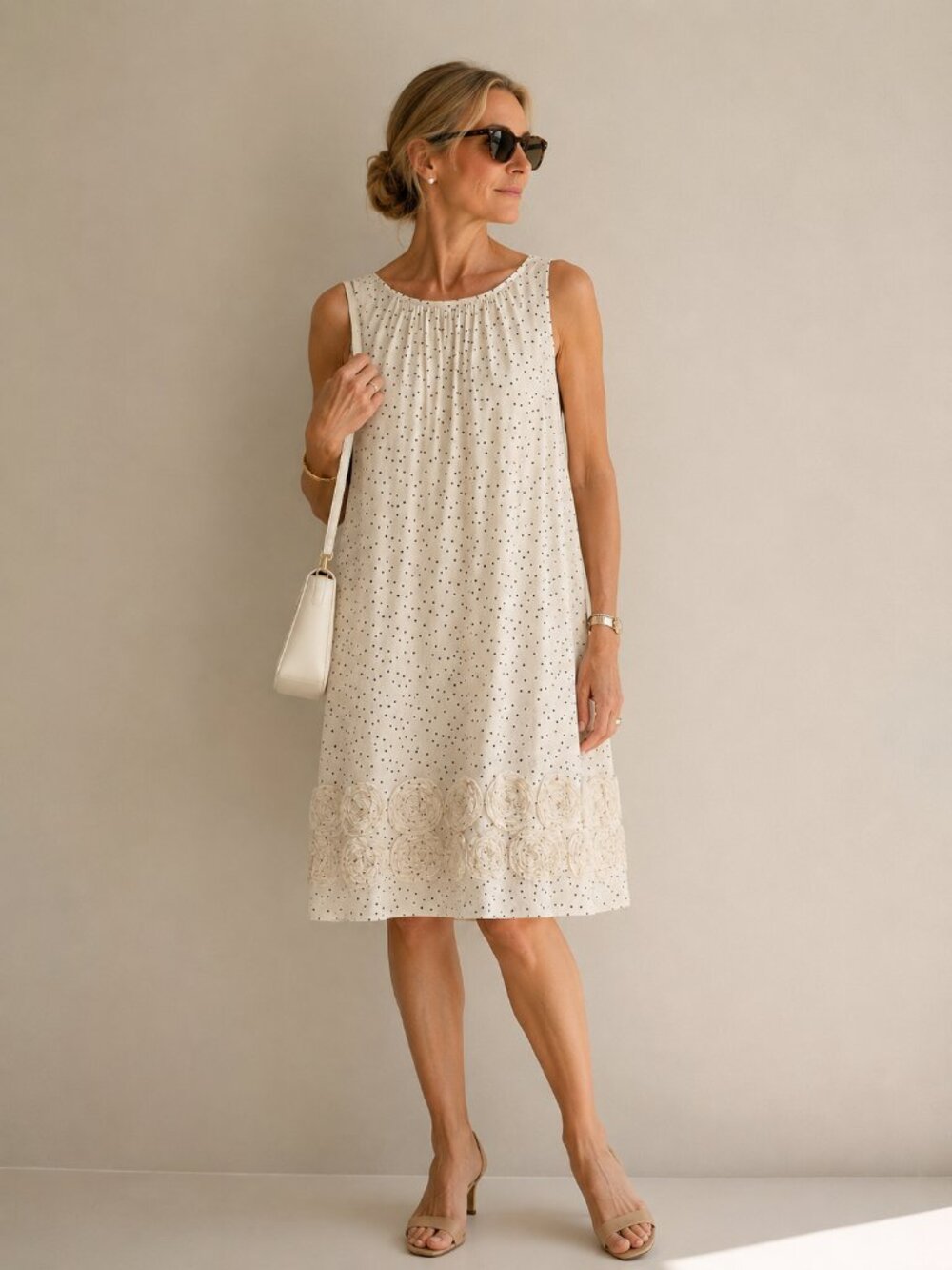 STUDIO M Cream Polka Dot Chiffon Dress Rosette Hem Old Money Garden Party Chic M